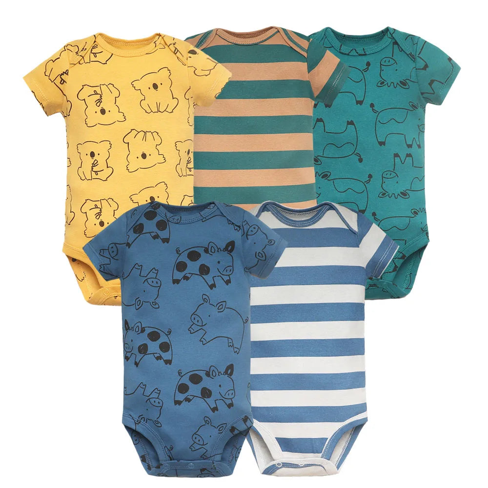 5-Pack Cotton Baby Bodysuits – Adorable Cartoon Styles for Newborns & Infants